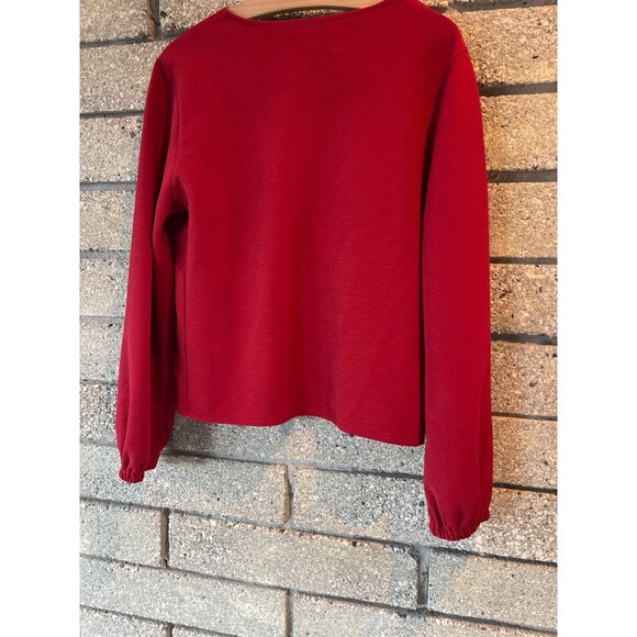 Madewell Texture & Thread Wrap Top M Red Long Sleeve Crepe Knit Womens Blouse Wi - Picture 7 of 8